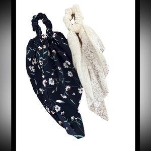Set Of 2 Scrunchies Scarf Ponytail Blue Floral And White (0523)
